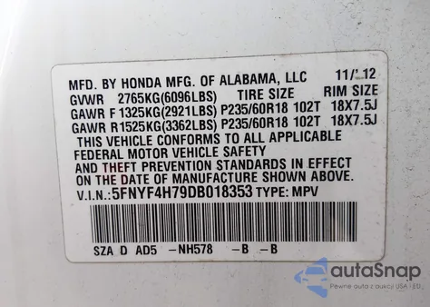 2013 Honda Pilot Ex-L z USA, uszkodzony, nr VIN 5FNYF4H79DB018353